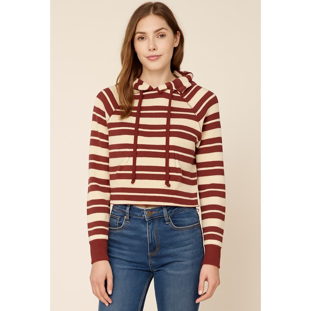 Sky & Sparrow Striped Hooded Sweater Womens Cropped L Red Beige Cotton Blend